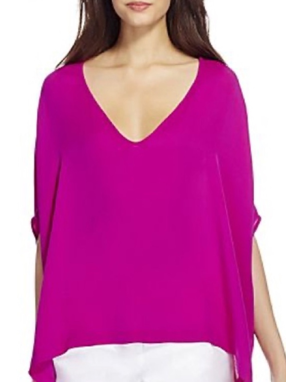 Diane von Furstenberg DVF Adria 100% Silk V-Neck Poncho Blouse Magenta P